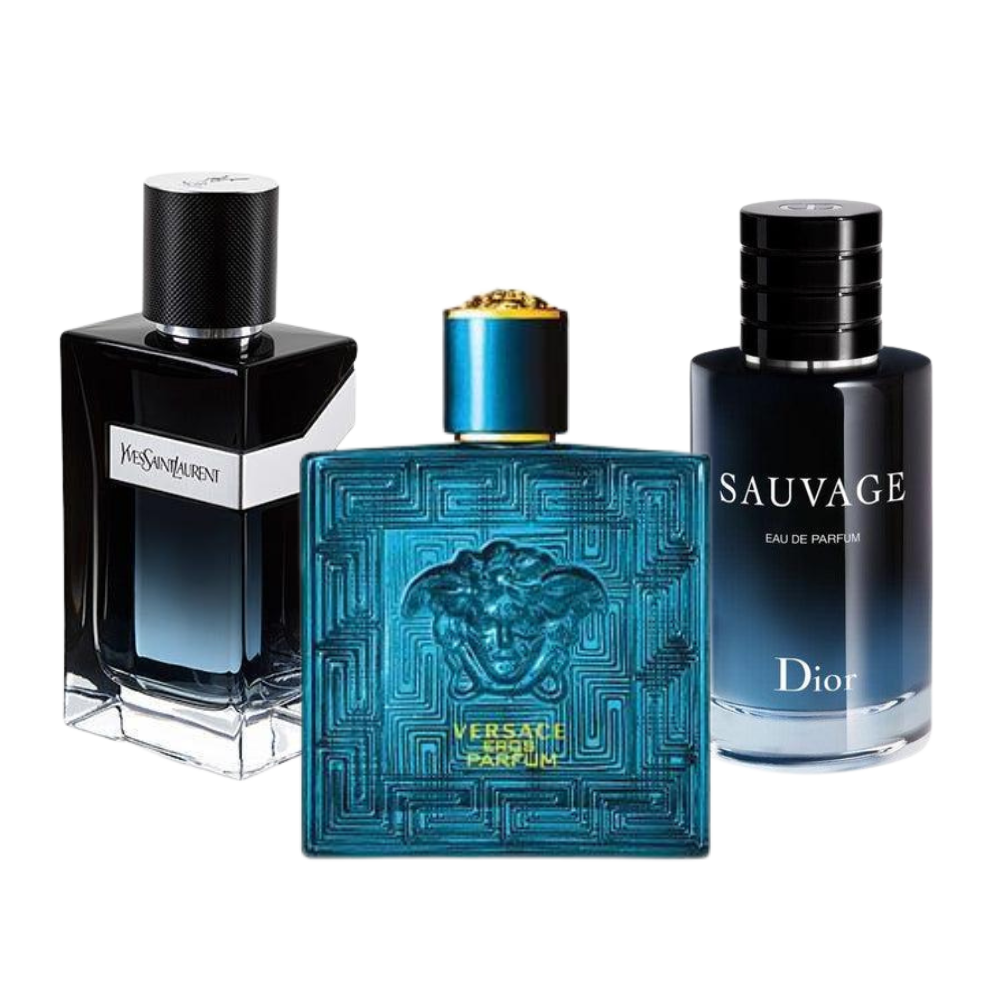 3 Profumi: Dior SAUVAGE, Yves Saint Laurent Y MEN e Versace EROS (Eau de Parfum) - Profumi per uomini