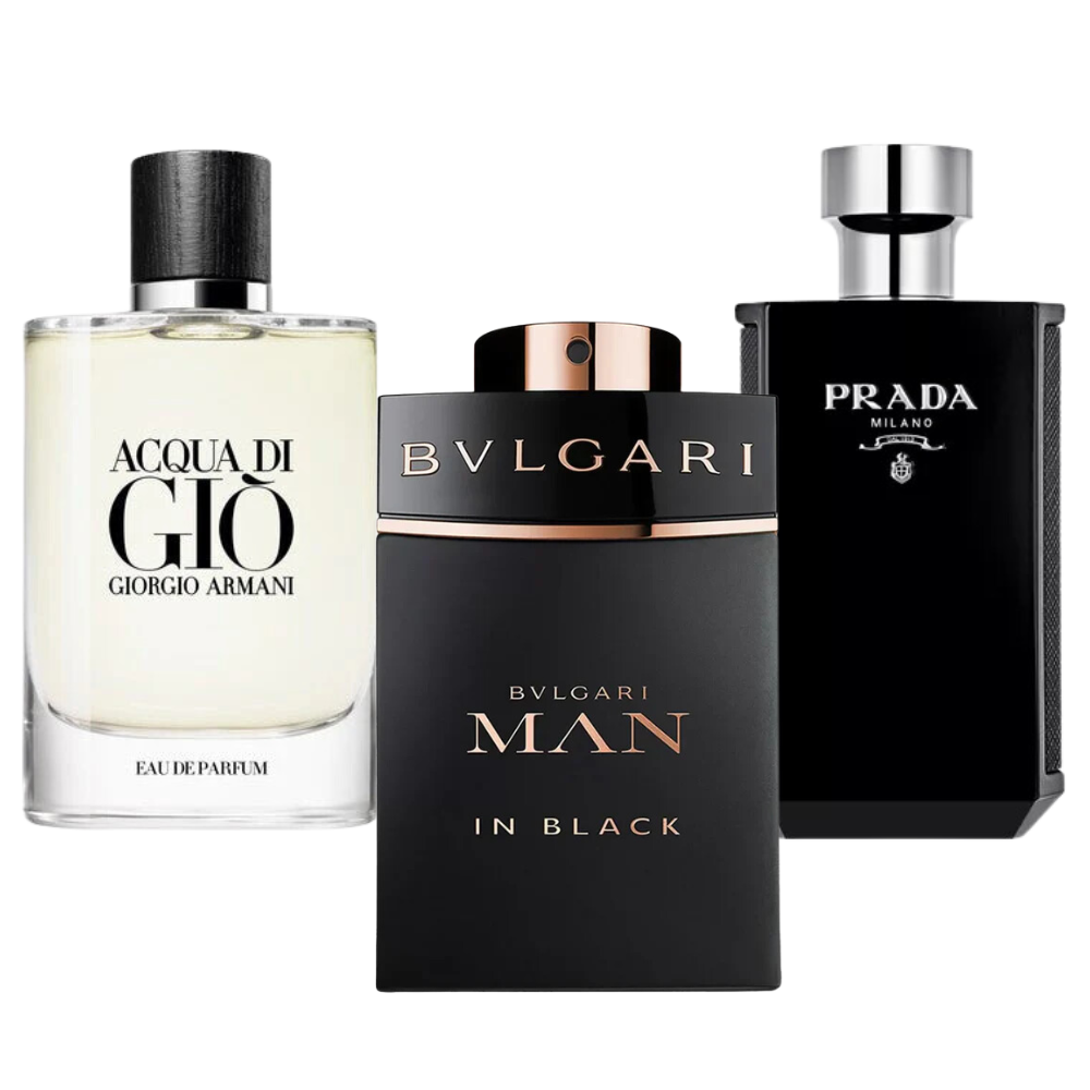 3 Profumi:  Bvlgari Man In Black, Giorgio Armani Acqua Di Gio e L'Homme Prada Intense (Eau de Parfum)  - Profumi per uomini